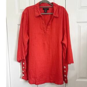 Tahari Red Orange 100% Linen Split Neck Lagenlook Blouse Plus Size 2x